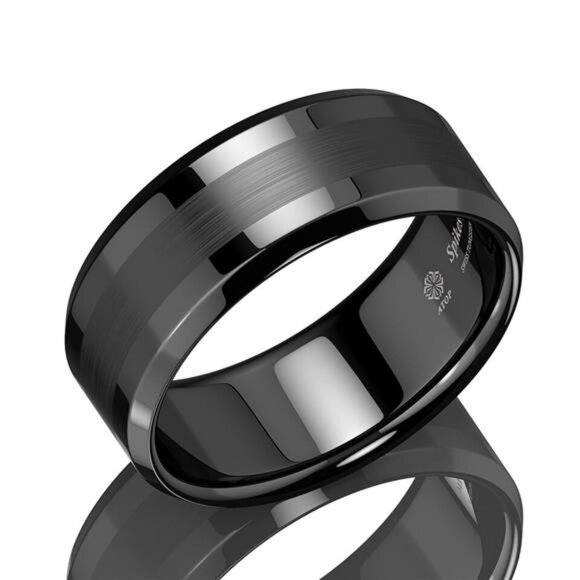Men's Wedding Band - Black Brushed Center Ring for Men - Wedding Rings - Picture 3 of 6
